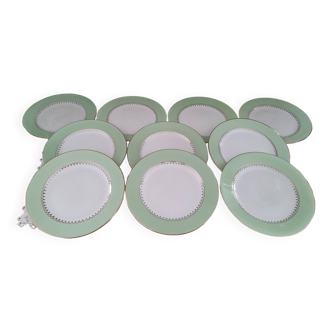 Set of 10 Cafés Lemaire flat plates with water green marli and gold frieze