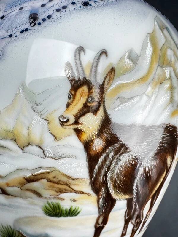 Porcelain vase decorated J. Lecquerile Lusseray France, chamois and mountain decor