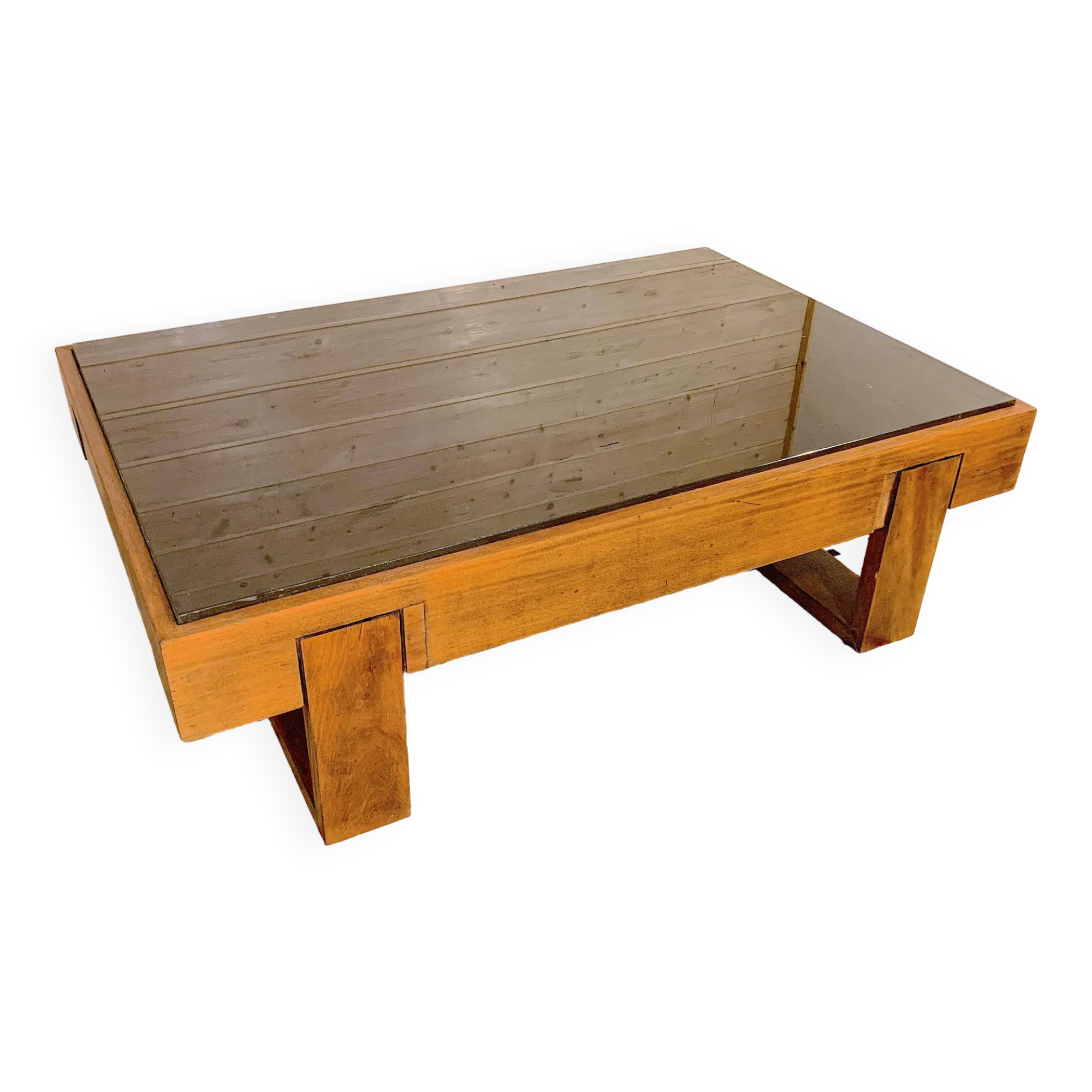 Rosewood coffee table, with black glass top, Brazil 1970