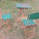 Mid century distressed painted iron garden table and 2 chairs, 1960s