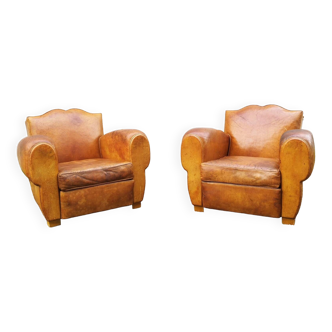 Pair of vintage Mustache club armchairs in tan leather