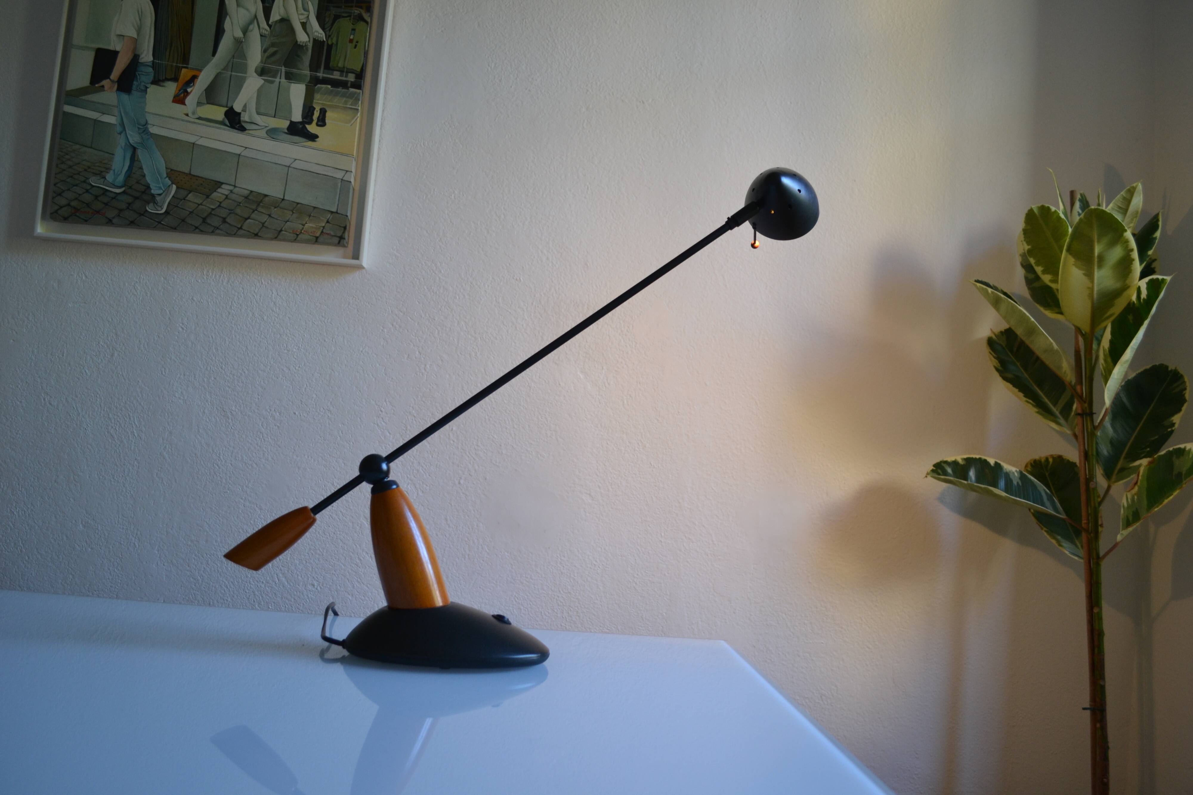Vintage postmodernist metal and wood table lamp from the 1980s