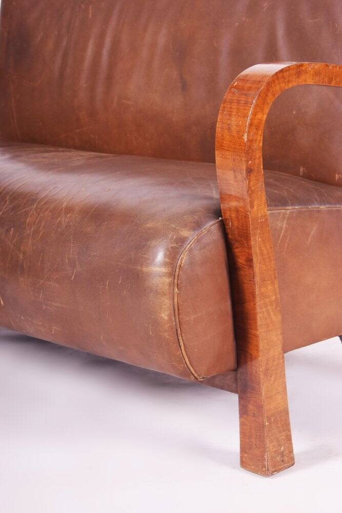 Vintage Art Deco Lounge Set in Walnut and Leather, 1930s, Set of 3