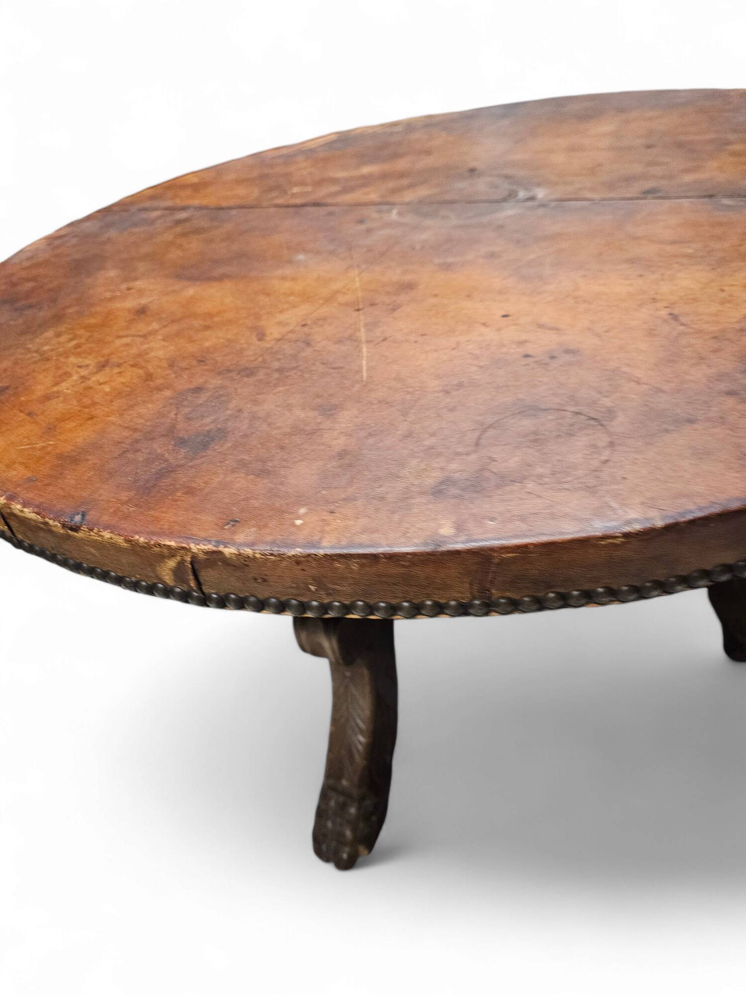 Mid-Century Coffee Table in Solid Wood and Patinated Cognac Leather