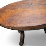 Mid-Century Coffee Table in Solid Wood and Patinated Cognac Leather