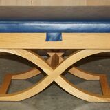 David Linley Hall bench in ostrich leather and satinwood with storage.