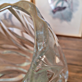 Vintage thick glass vase with twisted ribbed relief.