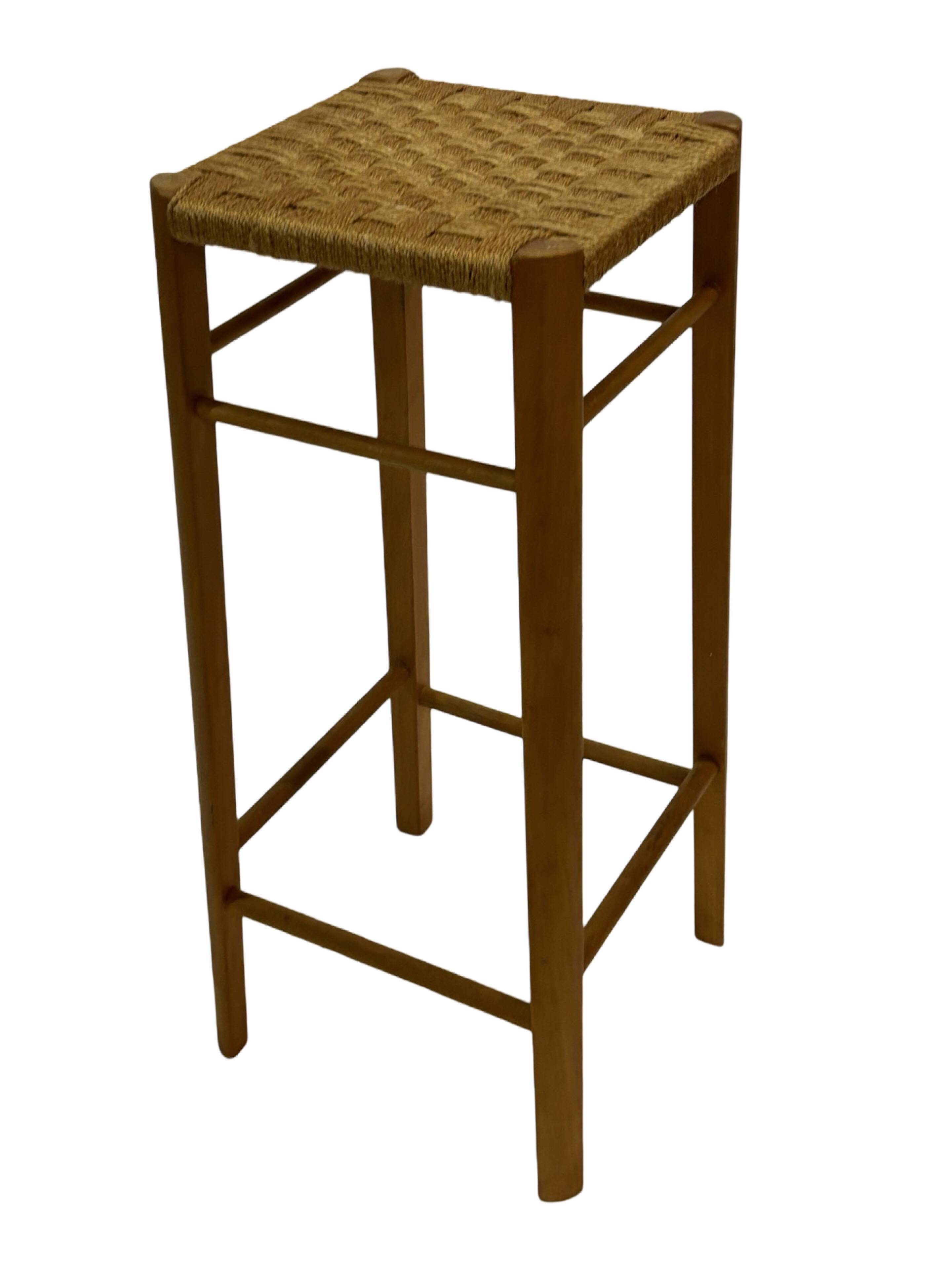 Vintage plant stand stool 1960s in oak with woven seat
