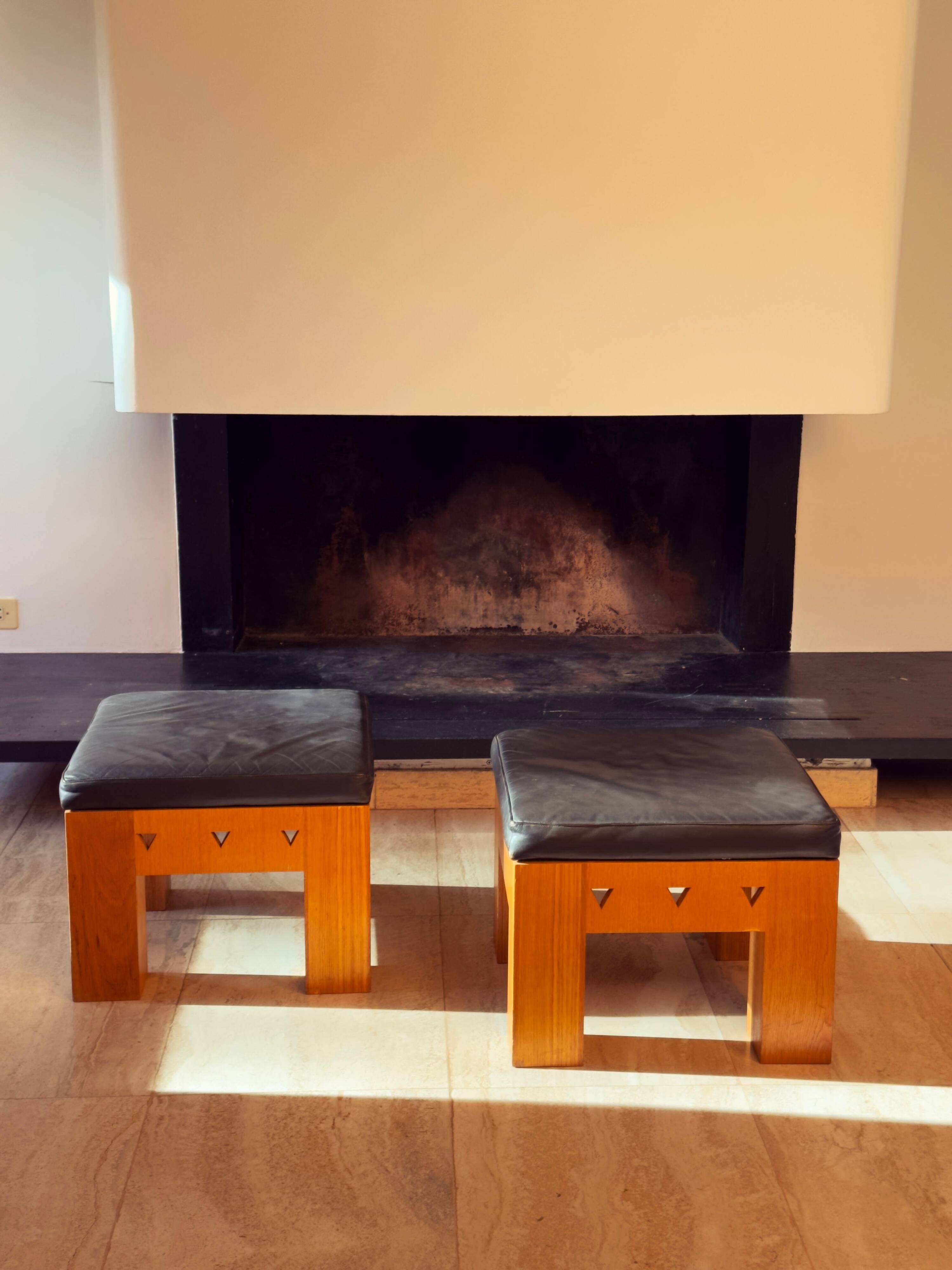 Pair of Low Wooden Stools with Leather Seats, 1970s