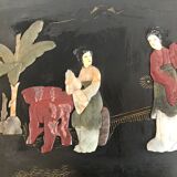 Chinese nesting tables in lacquered wood inlays of hard stones 60s