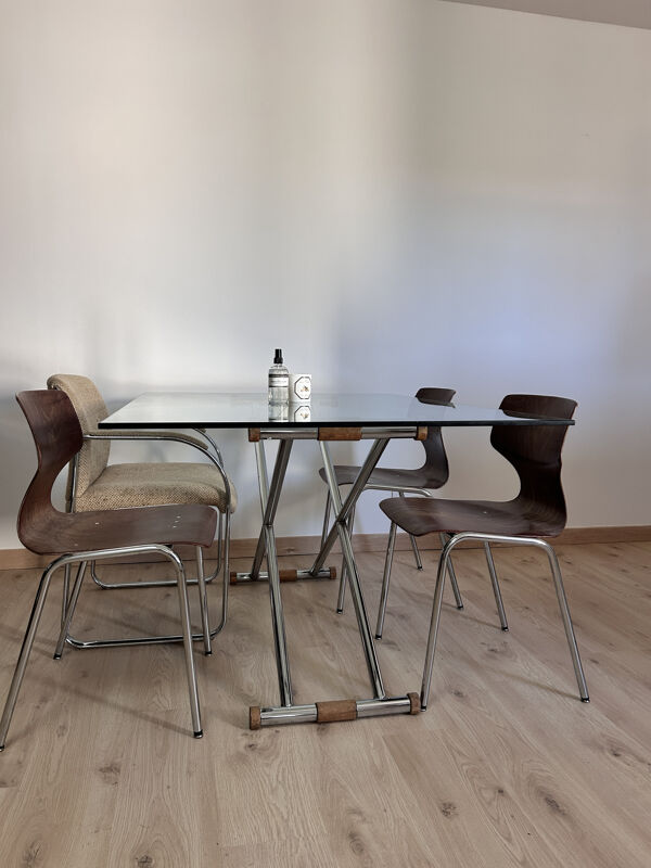 Grande table basse relevable / modulable « Up & Down » vintage – Design italien verre & chrome