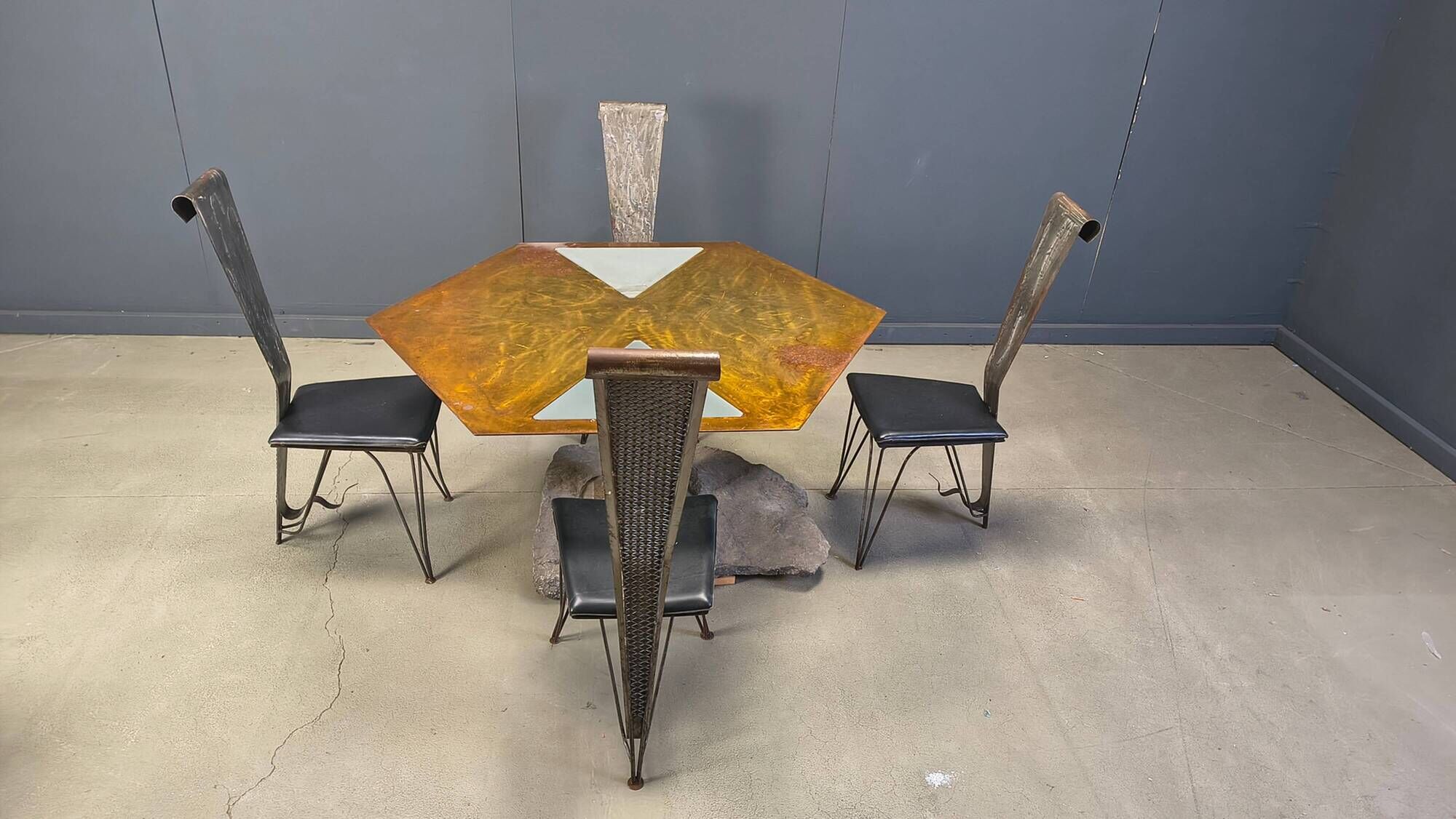 Hand crafted steel and stone dining set, 1970s