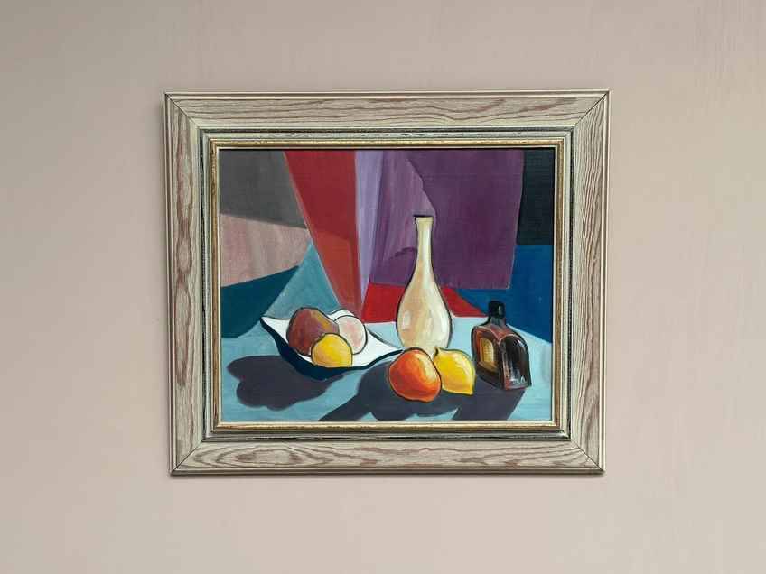 Huile sur toile originale suédoise – “Stilleben” par L. Norberg – Vintage et encadrée – 61 × 53 cm (24" × 20,9")