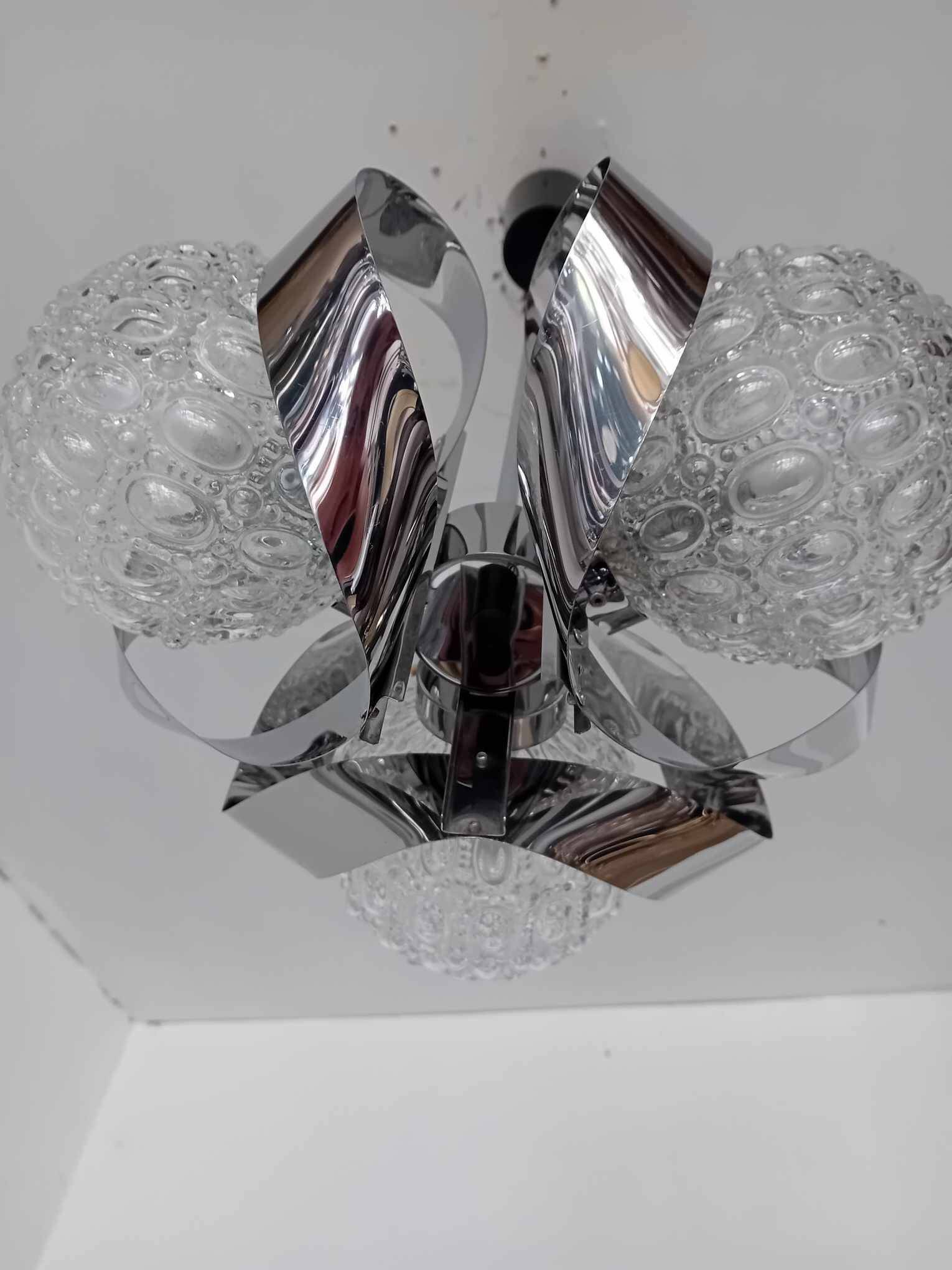 3 ball chandelier with stainless steel frame from the 70s Space Age