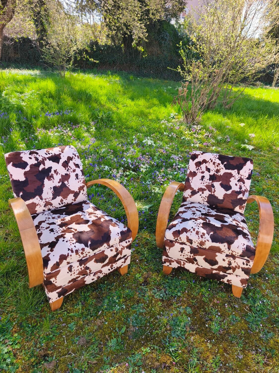 Pair of Art Deco cowhide armchairs