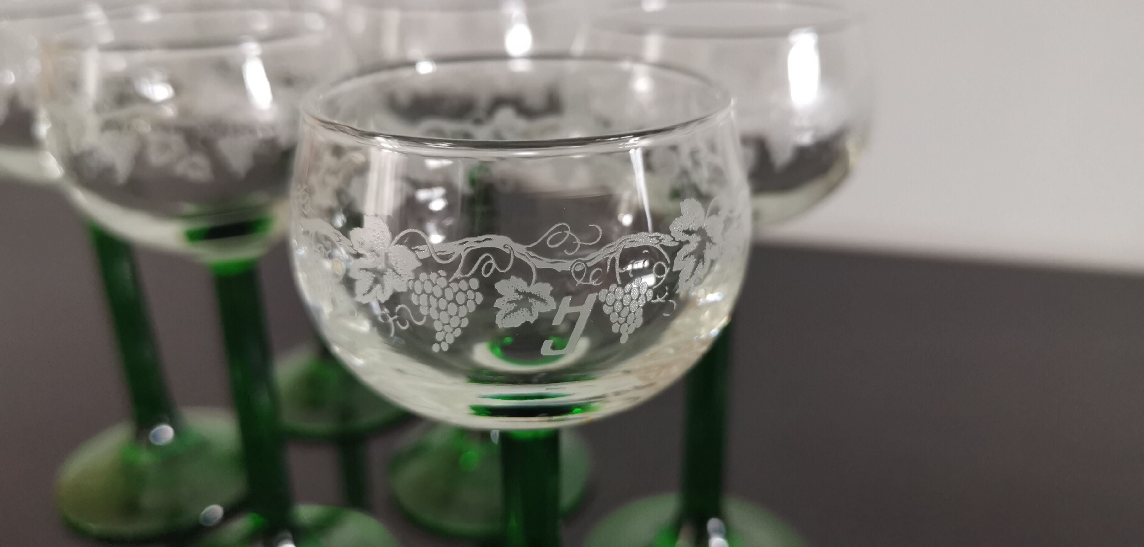 Vintage Alsace wine glasses with green feet decorations Bunches of Grapes and Vines HJ