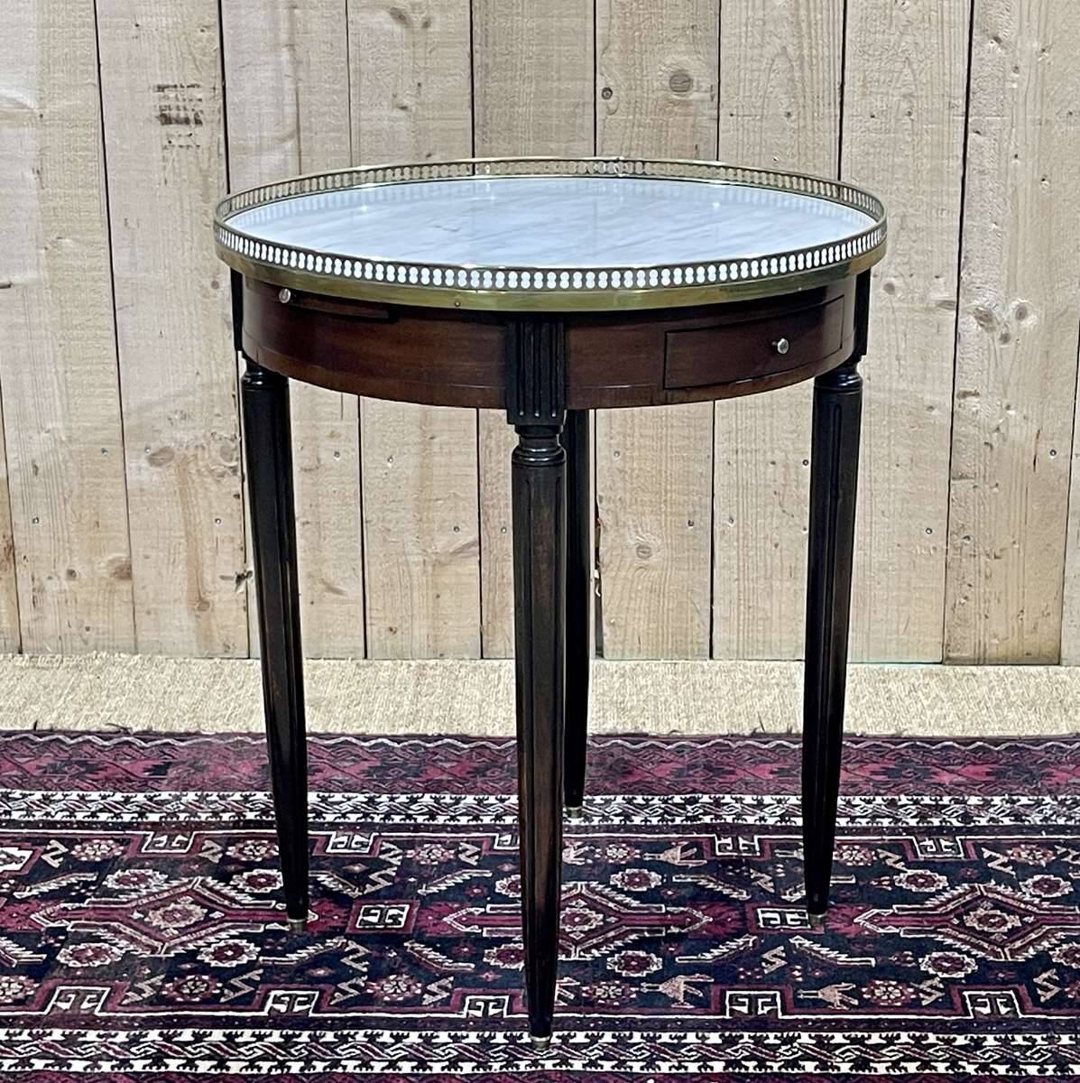 Louis XVI style mahogany bouillotte table from the 1950s with a marble top