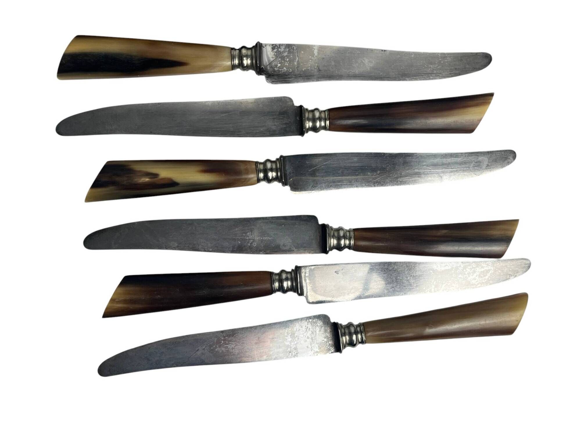 Six knives with steel blades and horn handles, Bonnaud Nancy, early 20th century.