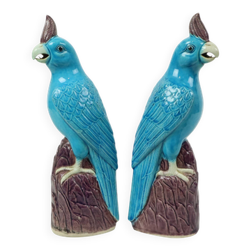 Paire de perroquets émaillés turquoise en porcelaine chinoise 30 cm