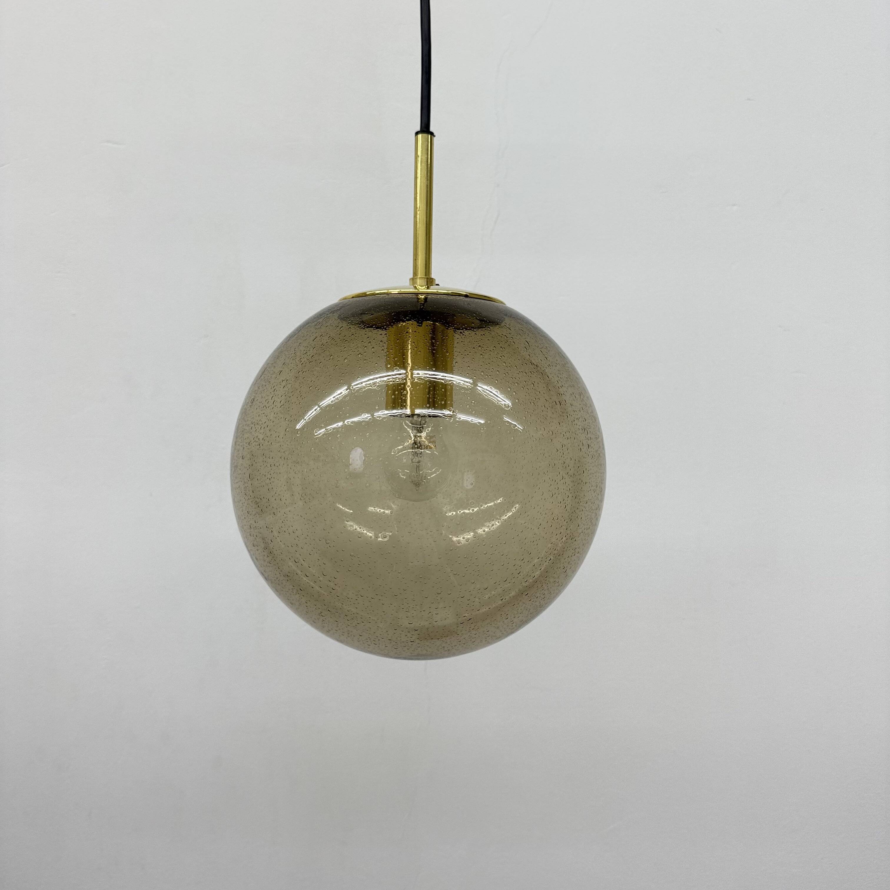 Limburg Glashütte brass smoked glass ball pendant hanging lamp , 1970s