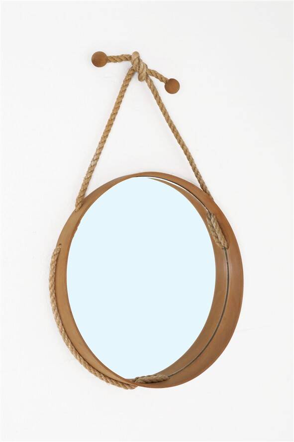 Round mid-century wall mirror / beech / sisal / Danish modern design / 1970s