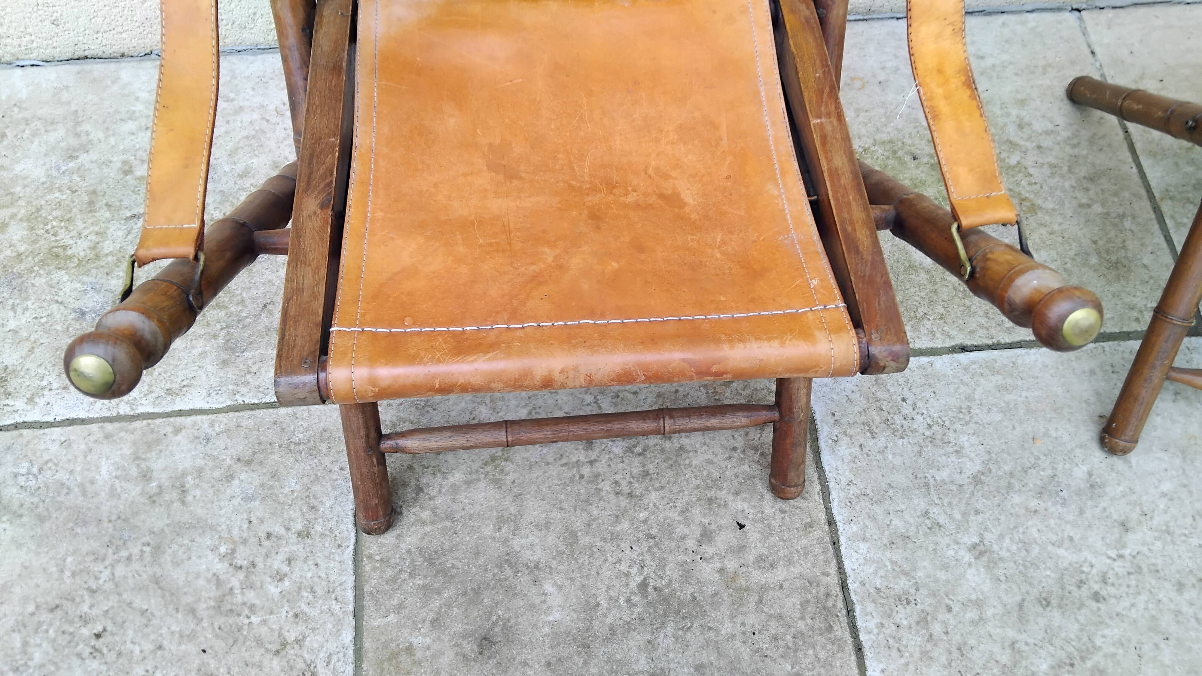 Vintage leather and wood folding chair SAFARI pair