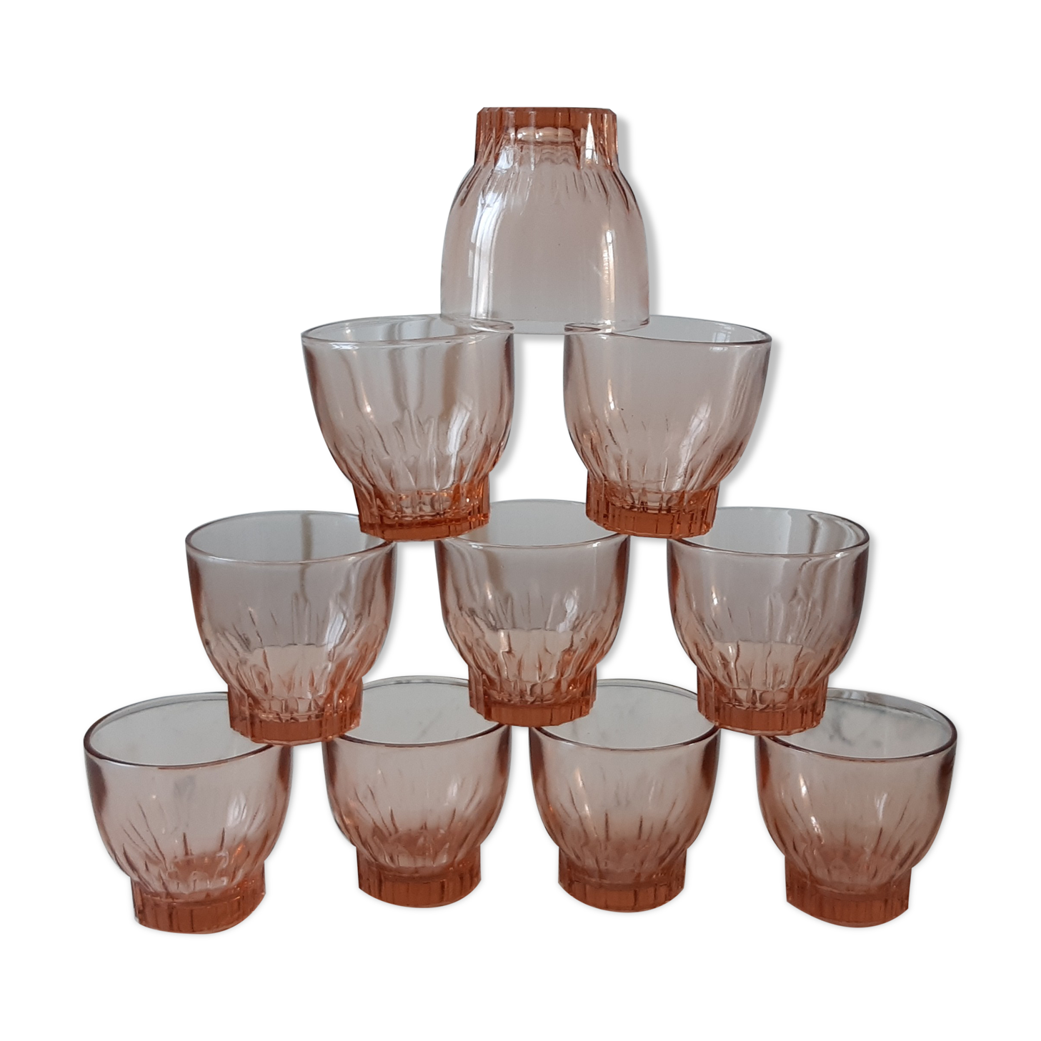 Set of 10 art deco pink glass wine/water glasses