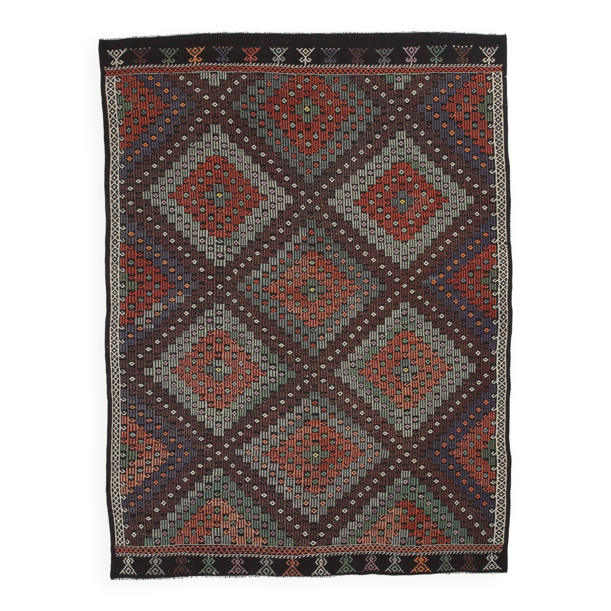 Tapis Kilim vintage fait main bordeaux et vert 7x10, 220x296 cm