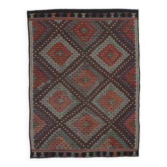 7x10 Burgundy Green Handmade Vintage Kilim Rug, 220x296Cm