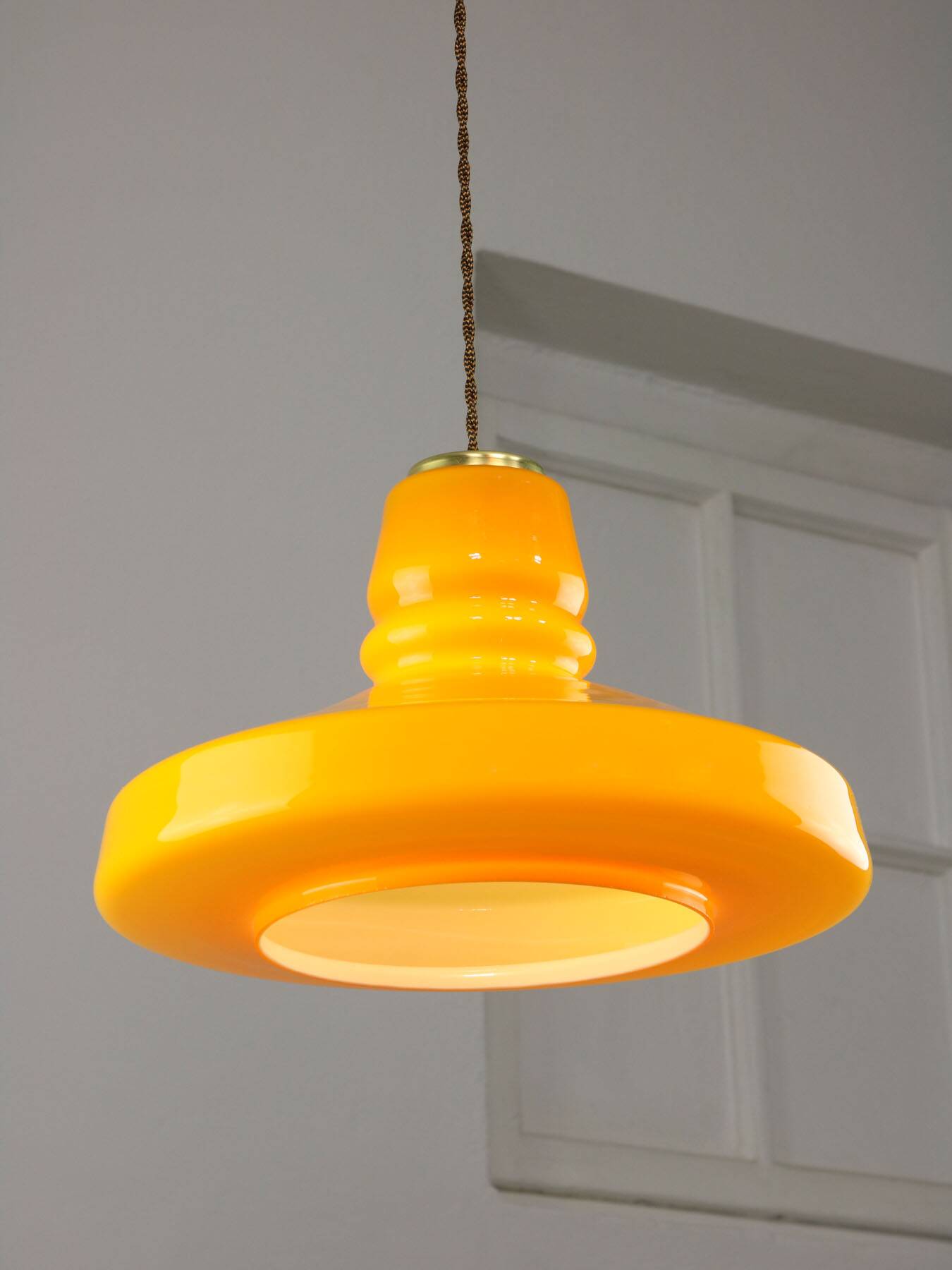 Mid-Century Italian Yellow Glass and Brass Pendant Lamp