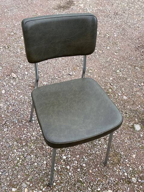 3 bronze-green faux leather chairs with chrome frames