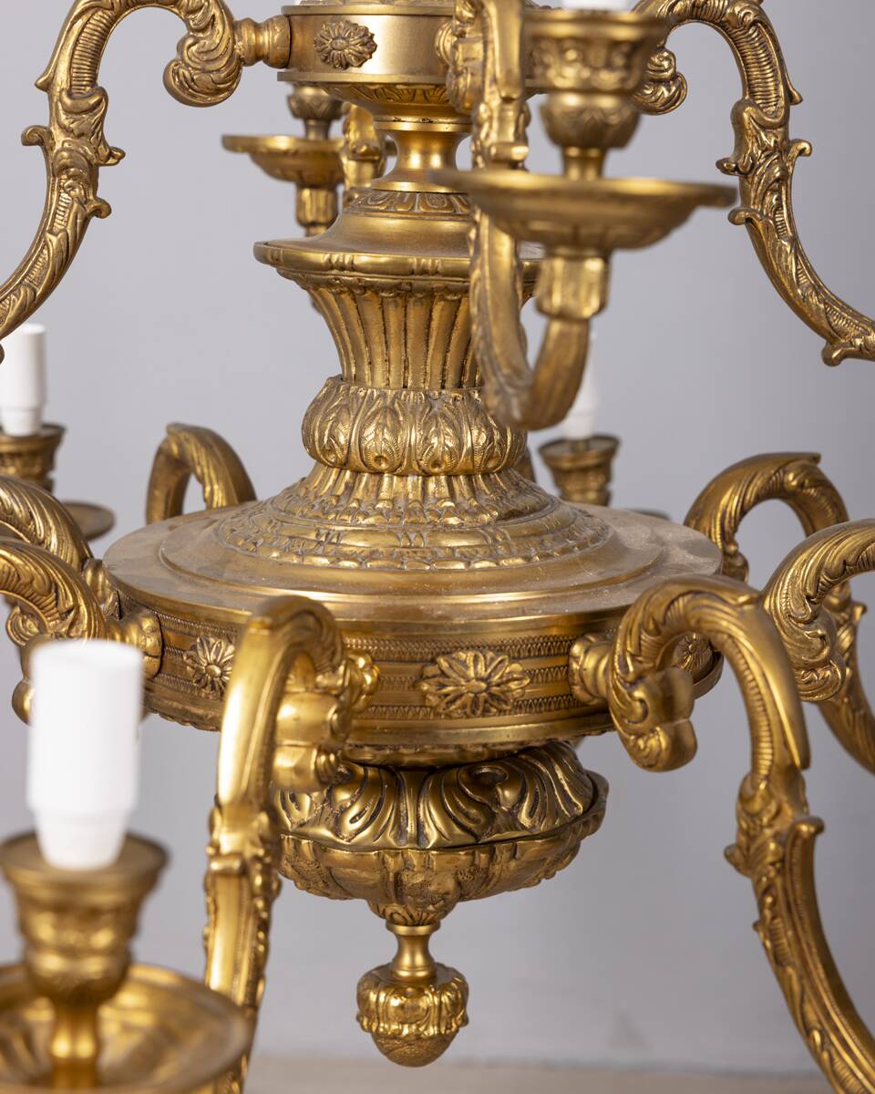 Classic 12 light golden bronze chandelier from the mid-20th century