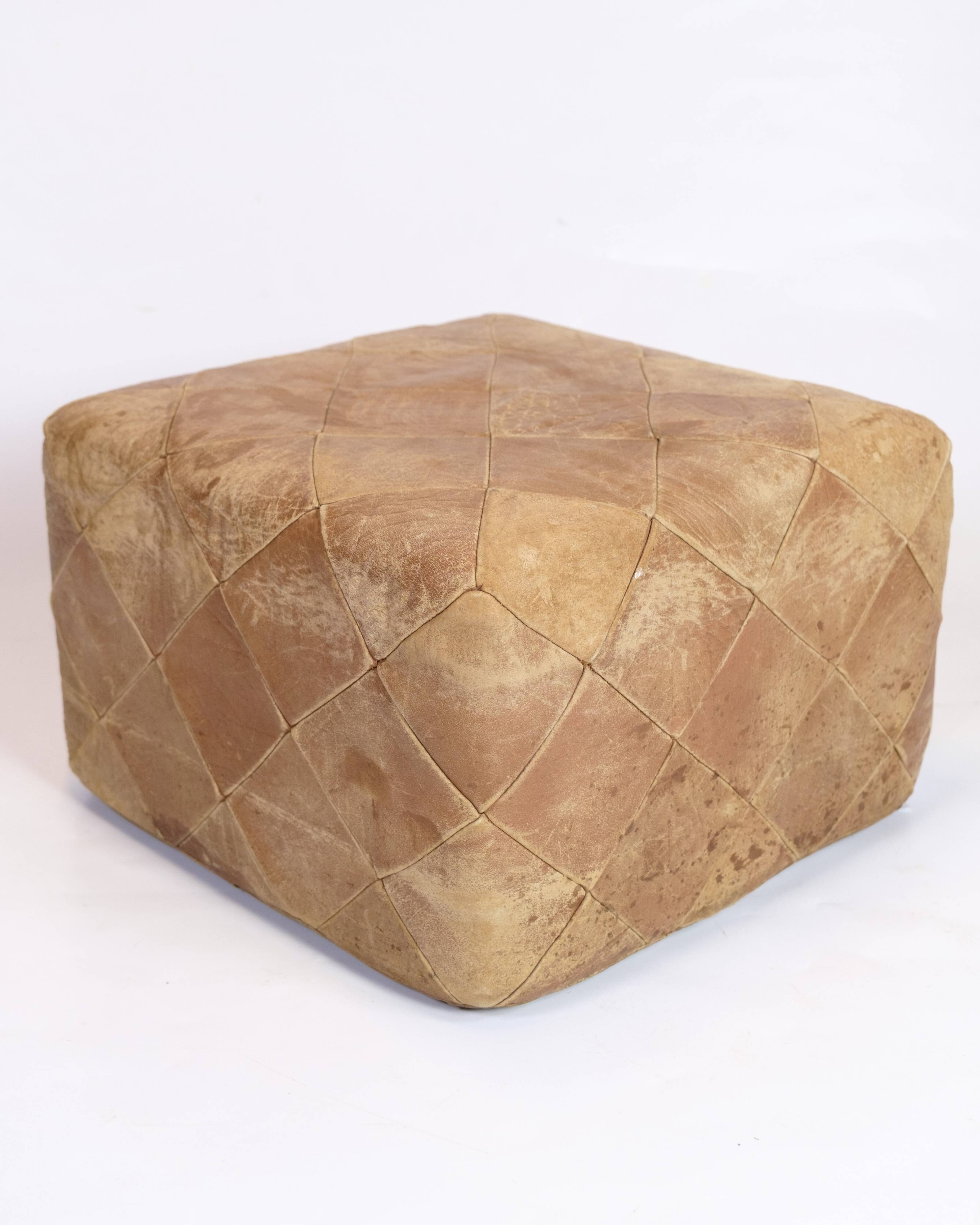 Vintage leather pouf - natural leather - natural patina - hand-sewn - square - 1970s