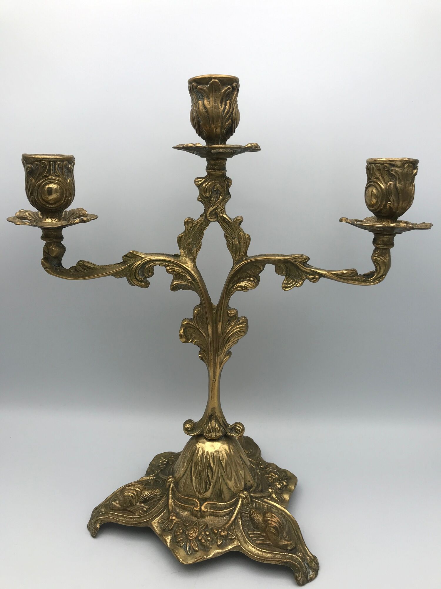 Pair of old candlesticks in bronze 3 lights rocaille style 28,5 cm