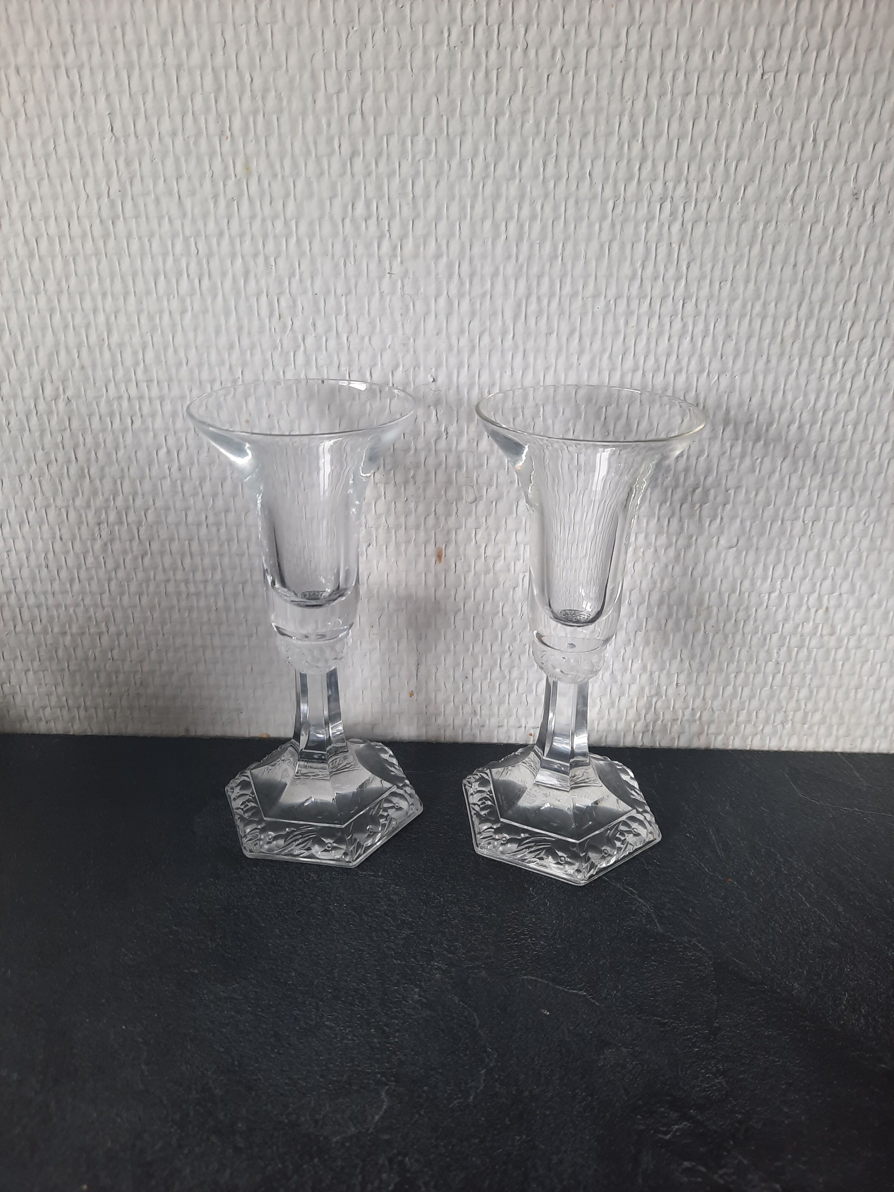 Pair of glass roshental candle holders