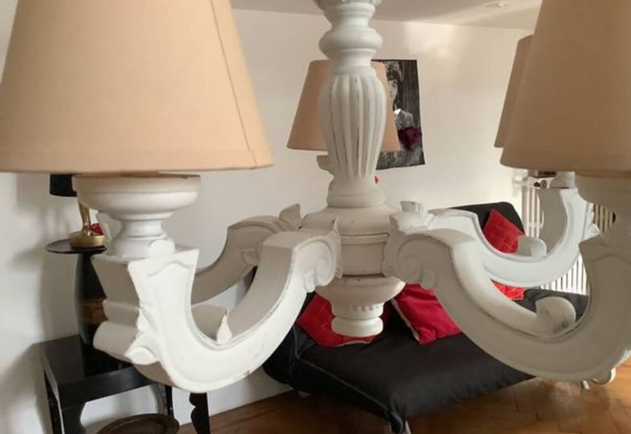 White painted wooden chandelier with 5 arms and lampshade