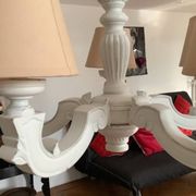 White painted wooden chandelier with 5 arms and lampshade