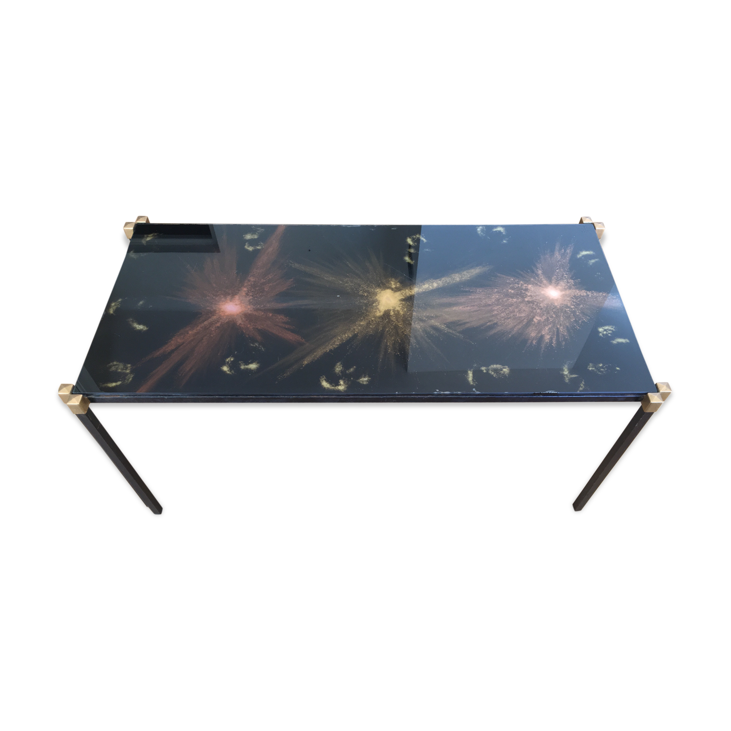 Glass coffee table by Lasco eglomisé and iron/iron gold. signed