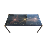 Glass coffee table by Lasco eglomisé and iron/iron gold. signed