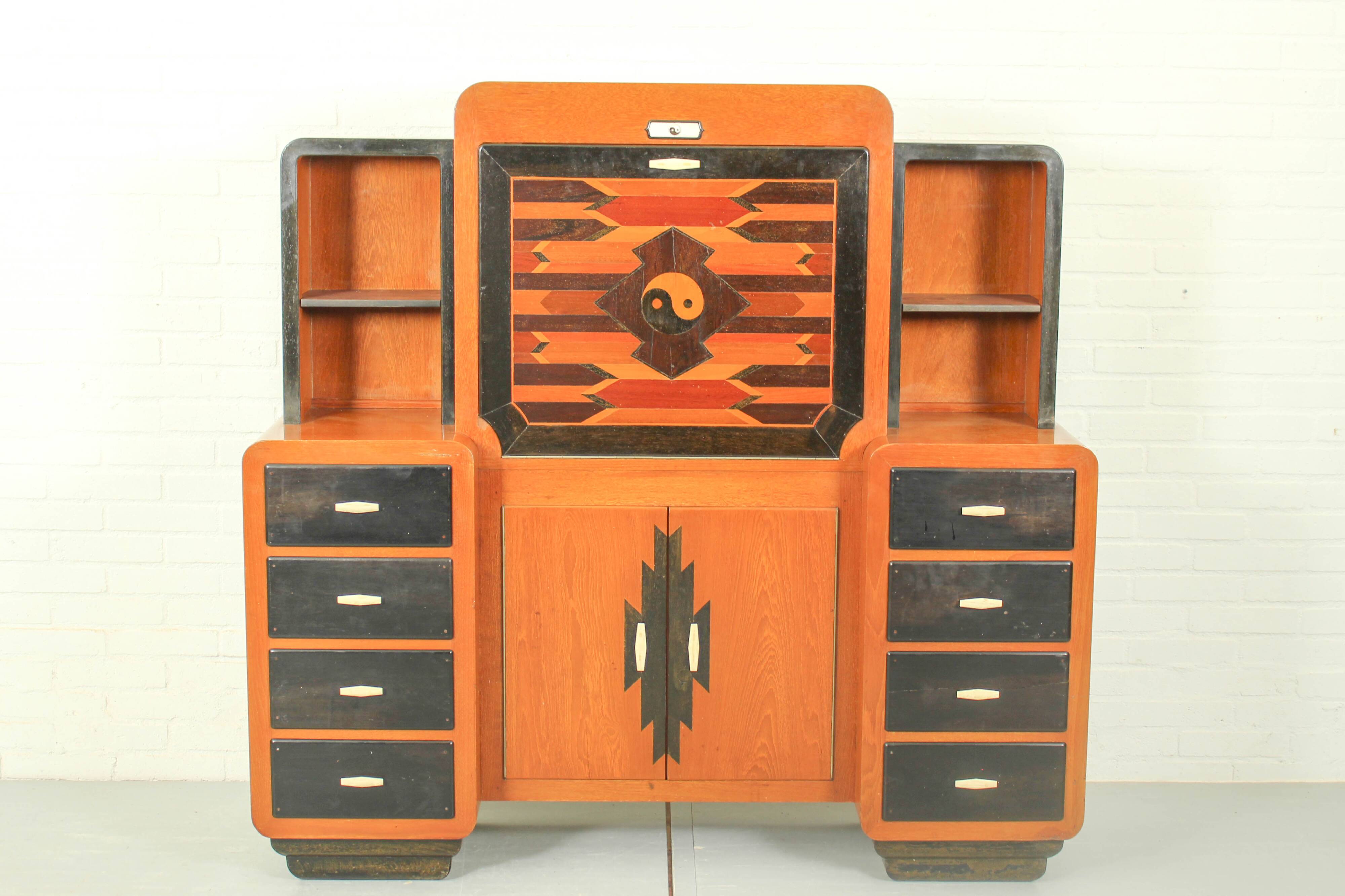 Solid high quality teak art deco secretaire by Gerson’s furniture store, produced in Bangkok, 1930s