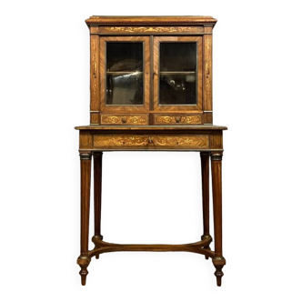Bureau vitrine de style Louis XVI en marqueterie de bois précieux vers 1850