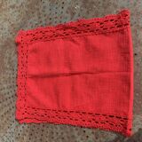 Linen and cotton table runner with vintage red crochet border