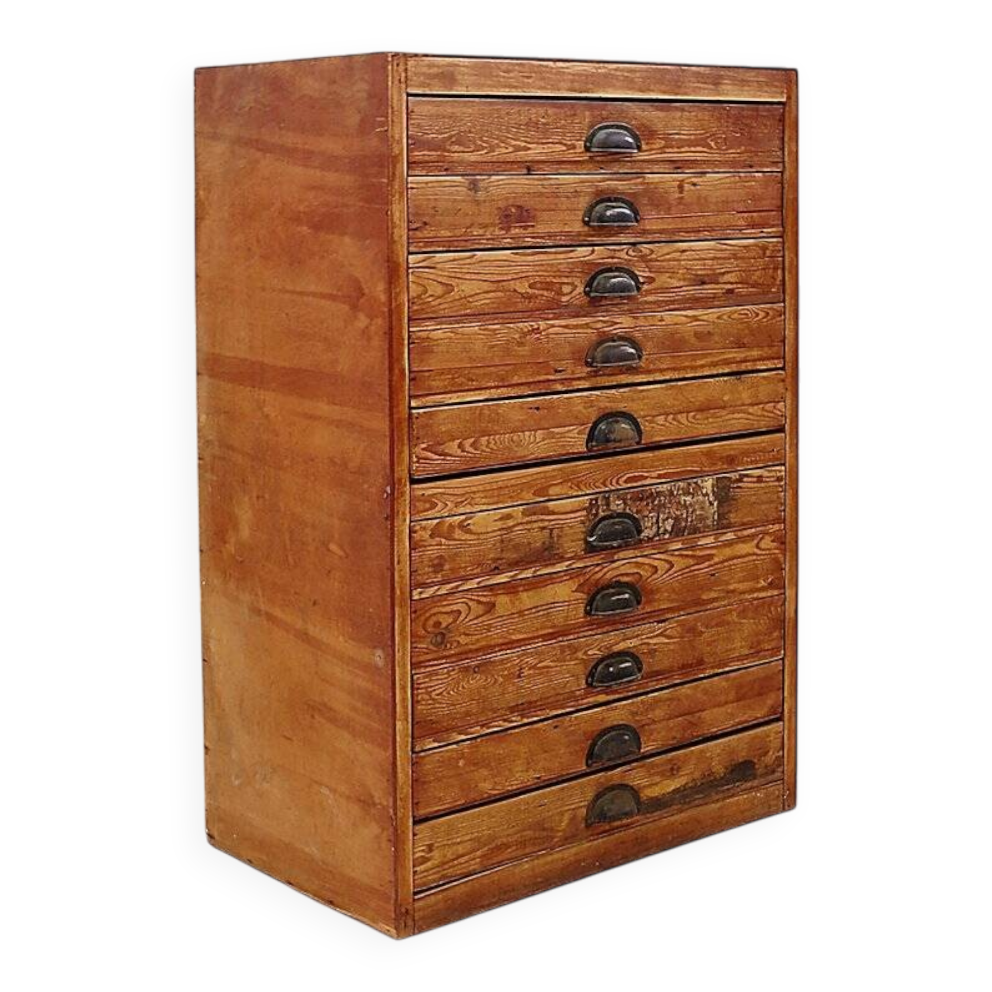 Industrial workshop furniture in pine with 10 drawers, circa 1940.
