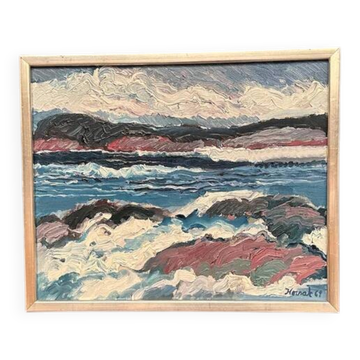 Swedish Oil on Canvas “Coastal Landscape” by Allan Horsak, Vintage & Framed