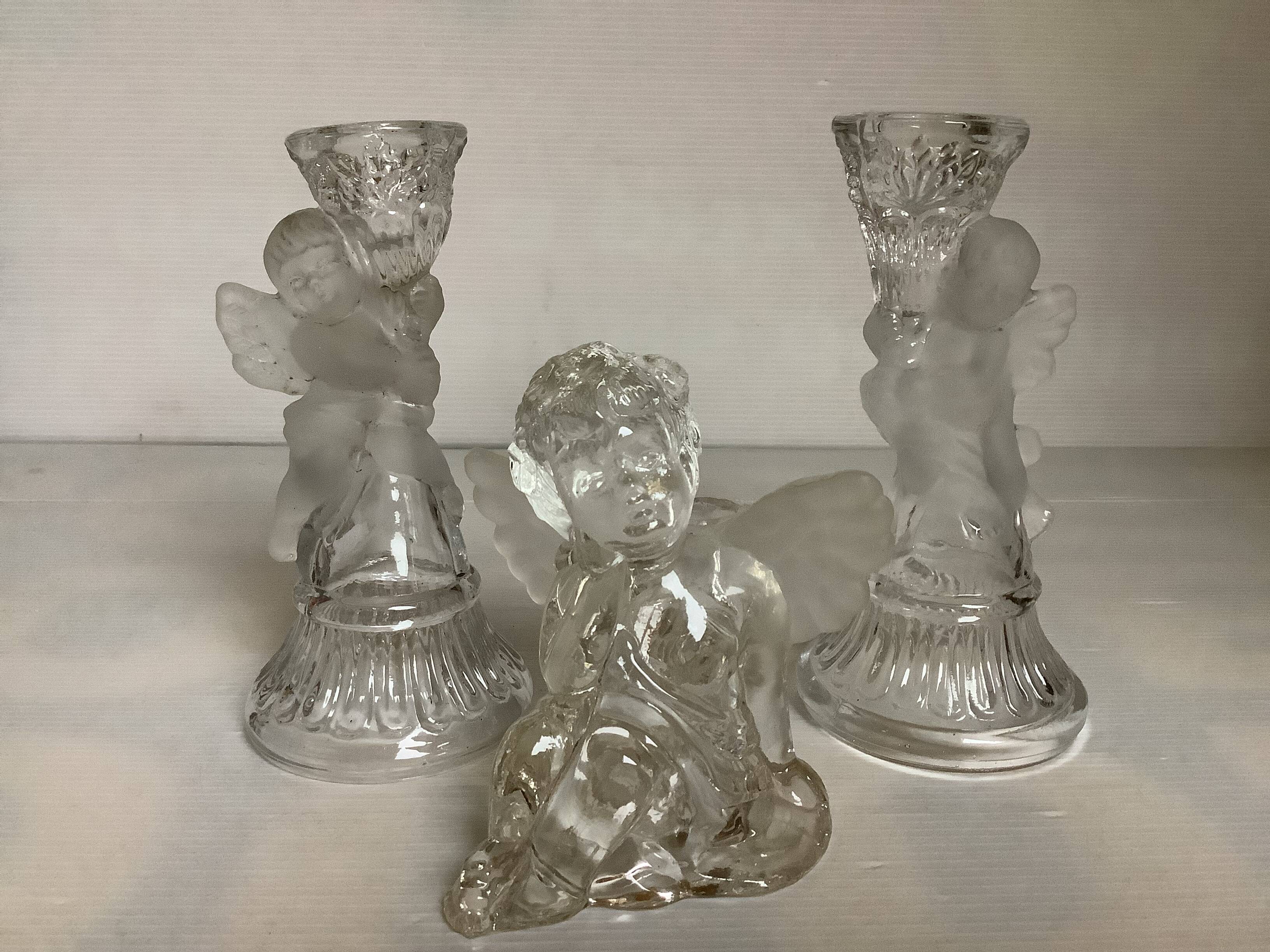 Trio of frosted molded glass angel candle holders