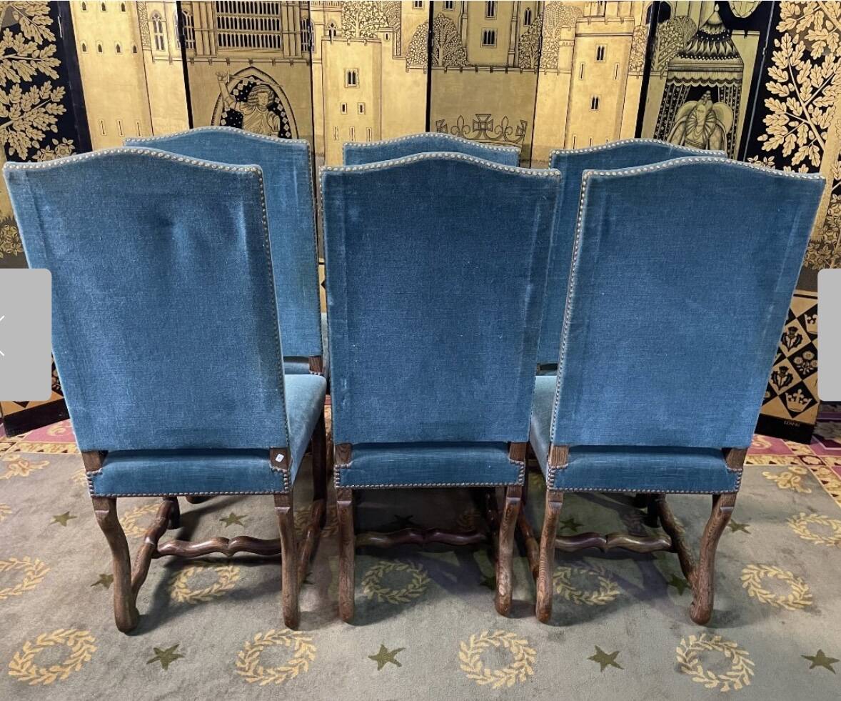 Set of 6 blue Louis XIII style chairs