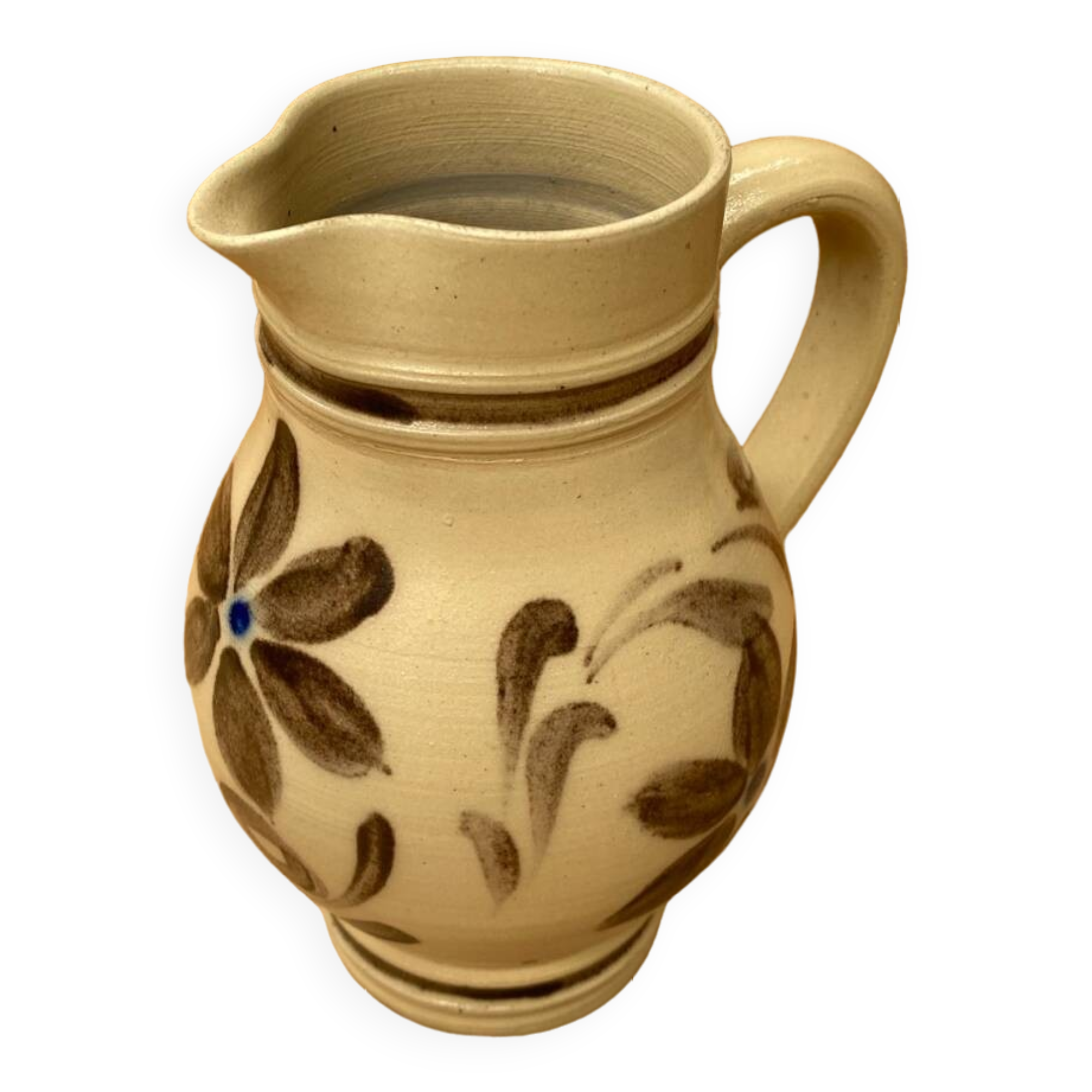 Old pitcher betschsorf stoneware beige deco flowers brown blue vintage