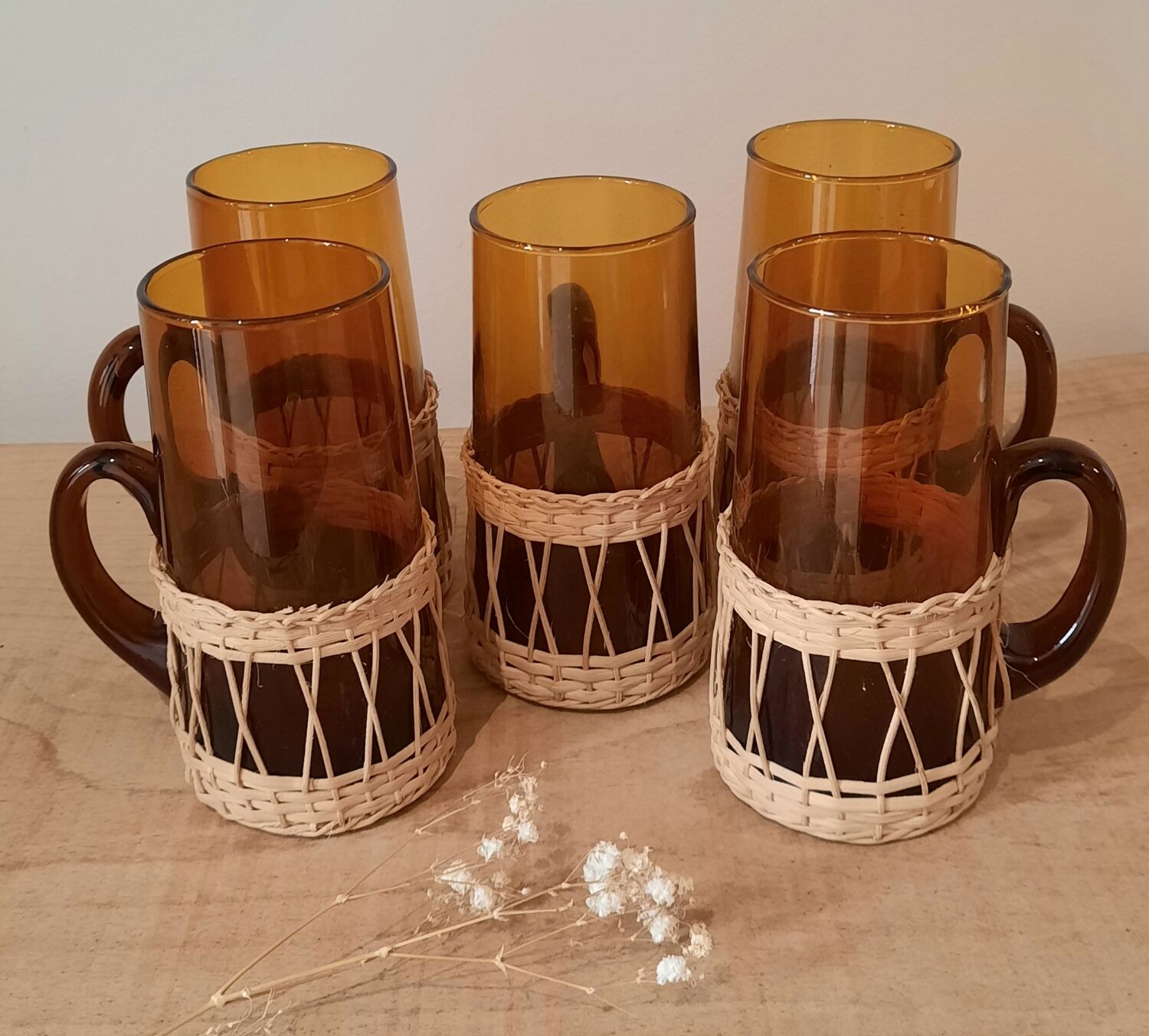 Vintage amber wicker glasses