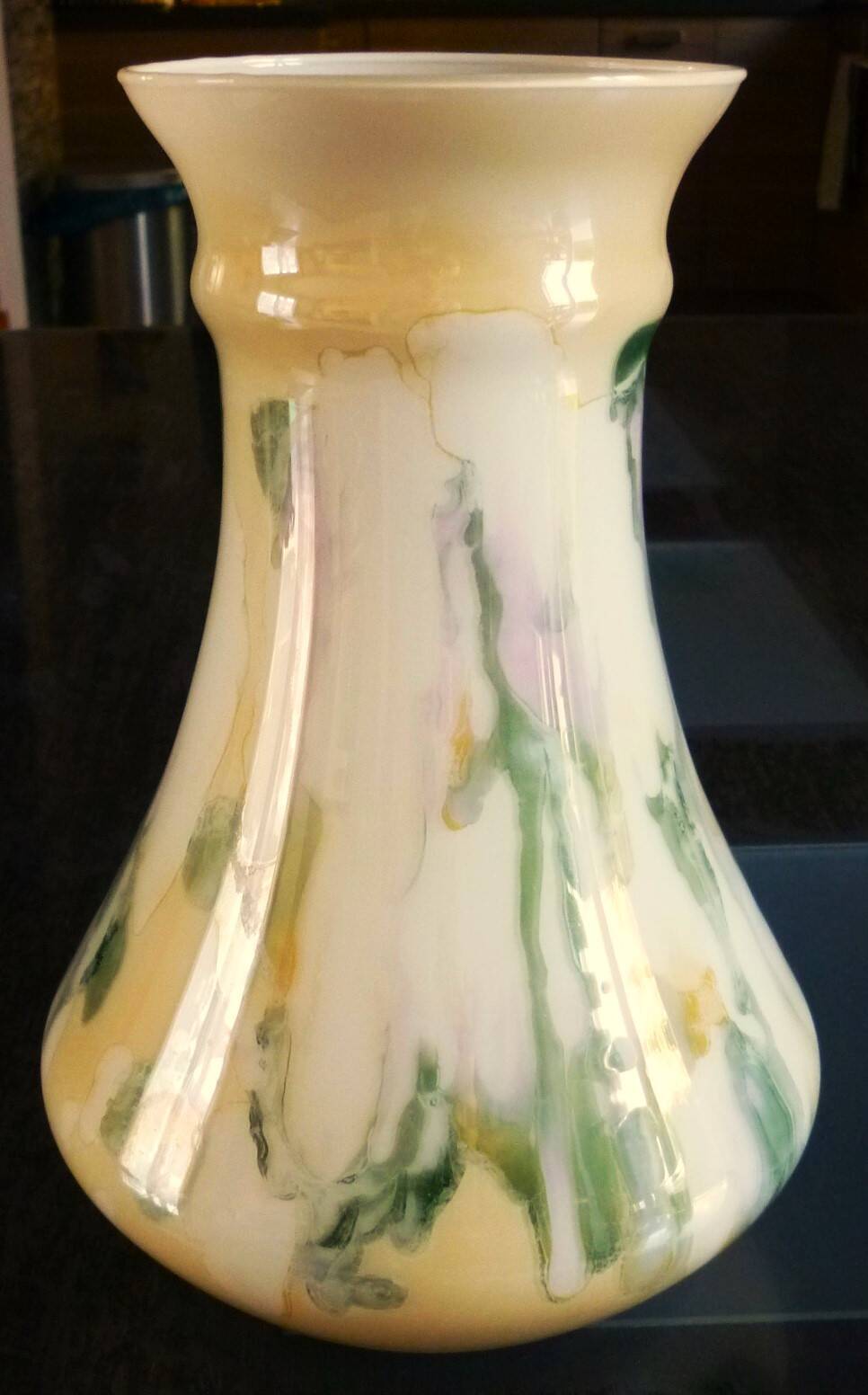 Large vase, blown glass with colored inclusions, Murano design from the 80s