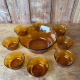Salad bowl and raviers in tempered glass Vereco amber brown